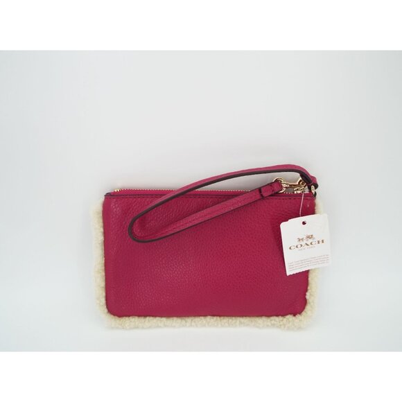 COACH Cranberry Pebbled Leather Natural Shearling Small Wristlet NWT - Picture 3 of 13